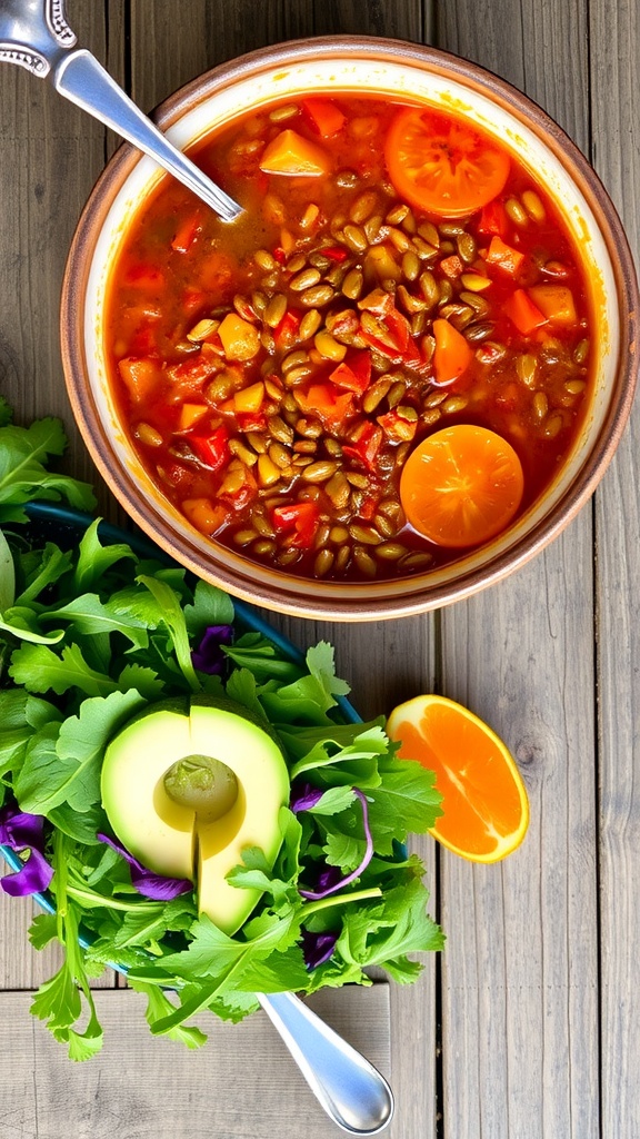 A bowl of vegan lentil soup with salad featuring avocado on a wooden table.